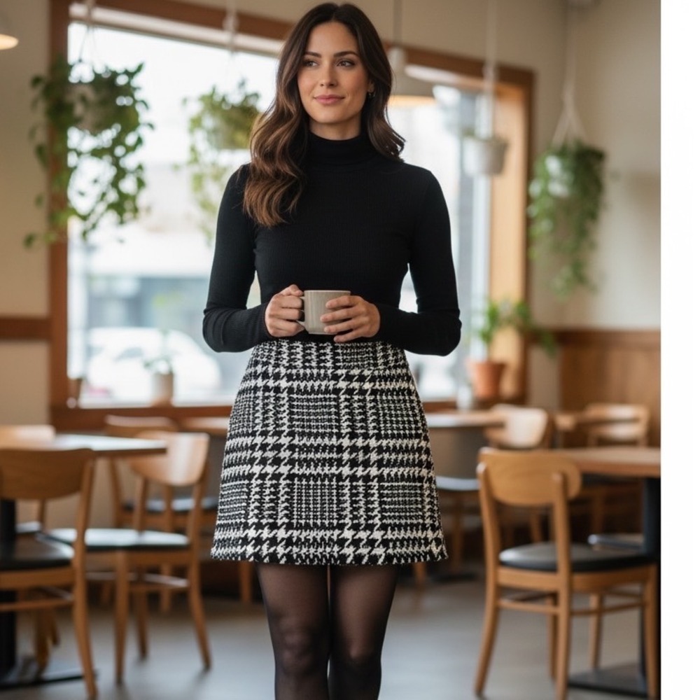 Altar'd State Black White Houndstooth Tweed Mini Skirt Academia Preppy Office M - Picture 11 of 12